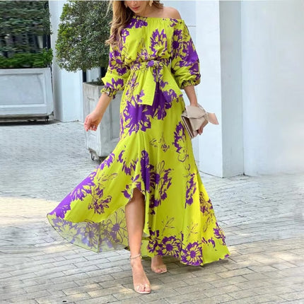 Elegant Off Shoulder Floral Dress with Elastic Waist and Short Sleeves