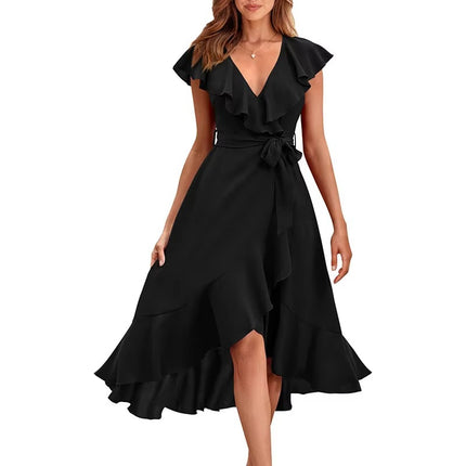 Women’s Summer V-Neck Lace-Up Midi Dress with Short Sleeves