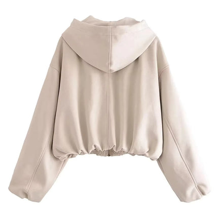 Women’s Hooded Zip Jacket Spring Autumn Solid Color Short Coat