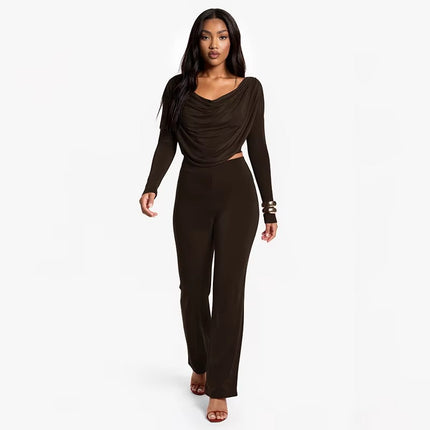 Women’s Casual Wide Leg Pants Set High Waist Breathable Swing Collar