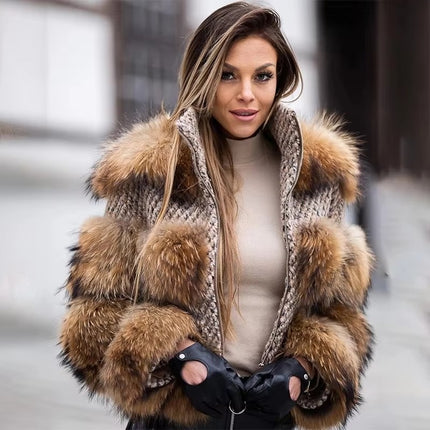 Women’s Genuine Raccoon Fur Jacket | Striped Winter Fur Coat