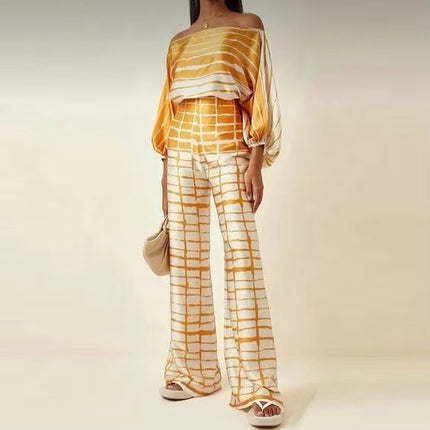 Elegant Women’s Printed One-Piece Collar Suit Long Sleeve Casual Set