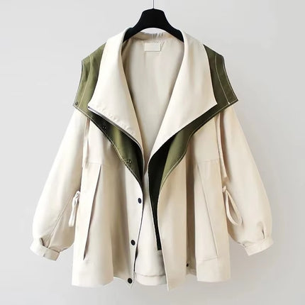 Women’s Hooded Trench Cargo Coat Mid-Length Loose Zipper Korean Style