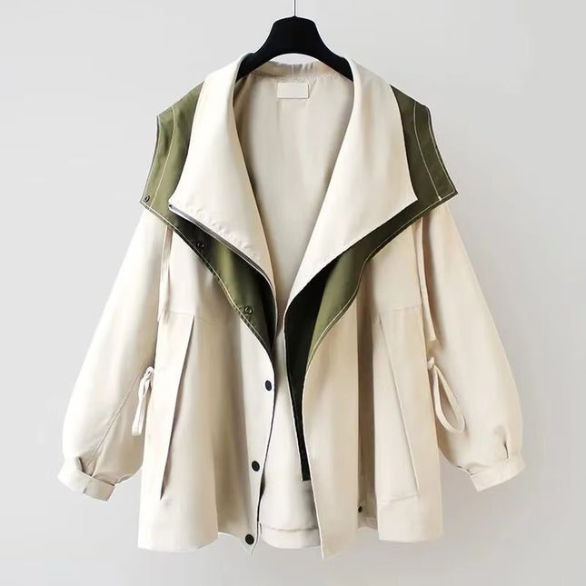 Women’s Hooded Trench Cargo Coat Mid-Length Loose Zipper Korean Style